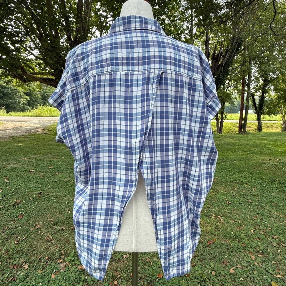 Madewell Blue White Plaid Split Back Button Front Cotton Top Womens Medium - Picture 2 of 12